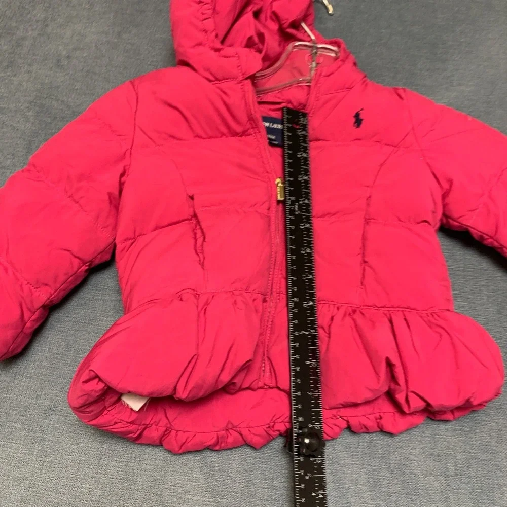 Ralph Lauren Puffer Jacket Girls 18M Pink Ruffle Hem Pony Logo Full‎ Zip Hooded